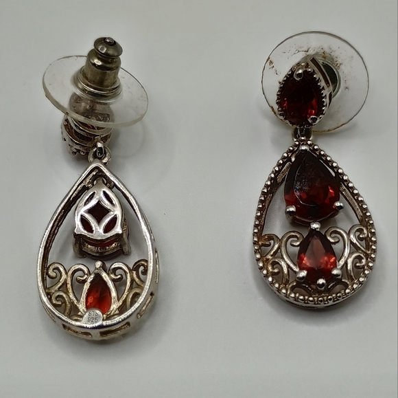 Ornate Sterling Silver and Red Gemstone Filigree Teardrop Earrings - Picture 2 of 4